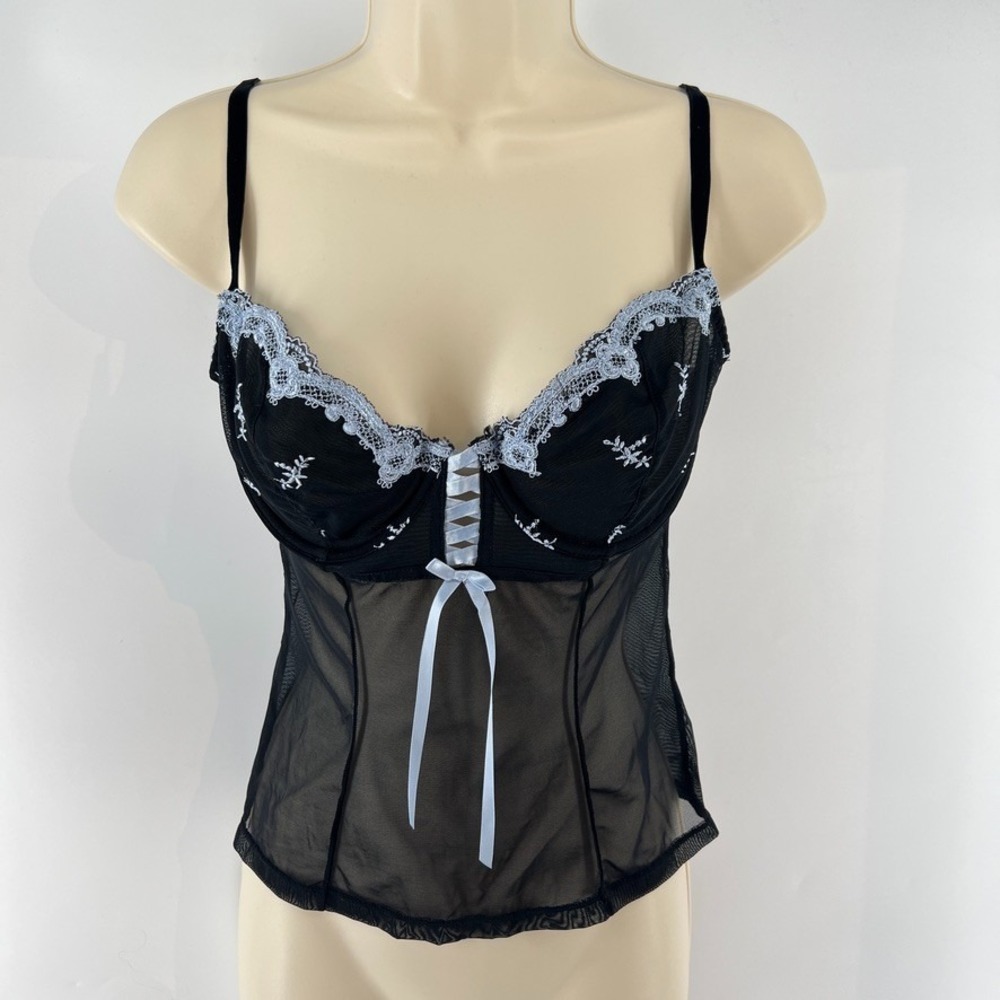 VTG Y2K Delicates Black Sheer Mesh Bustier Top Lace Corset Cami Coquette M